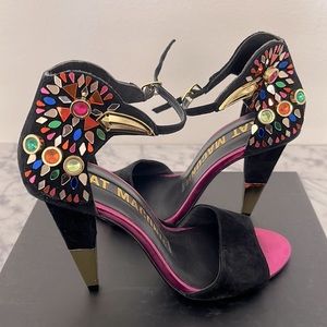 Kat Maconie open toe black suede heel with mosaic mirror embellishments size 37